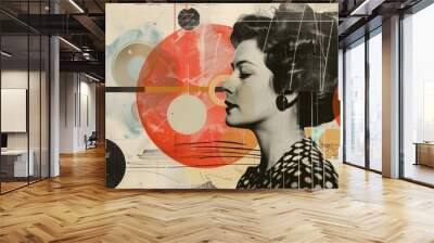 Abstract trendy vintage art collage with woman, geometric shapes, paper cutouts, patches, paint strokes. Retro fashionable style poster, banner Wall mural