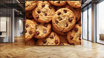 Background with freshly baked tasty chocolate chip cookies, food pattern Wall mural