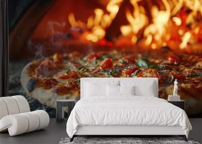 Close up of freshly baked Italian pizza in a wooden oven on blurred background Wall mural