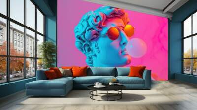 Cool ancient Greek or Roman white statue of man wearing sunglasses and making chewing bubble on neon background with a free place for text. Contemporary art and fashion. Wall mural