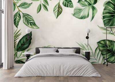 Hand drawn green exotic leaves border frame background with place for text. Ecology, healthy environment, nature, decoration, beauty product concept design backdrop Wall mural