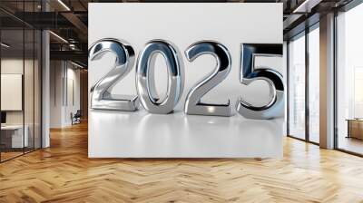 Happy New Year background with 2025 shiny metallic silver numbers isolated on white background. Festive celebration banner Wall mural