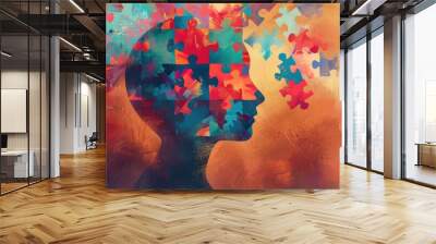 Human head profile with jigsaw puzzles. Mental health, brain problem, personality disorder, cognitive psychology and psychotherapy, problem-solving, thinking, self-discovery concept background Wall mural