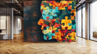 Human head profile with jigsaw puzzles. Mental health, brain problem, personality disorder, cognitive psychology and psychotherapy, problem-solving, thinking, self-discovery concept background Wall mural