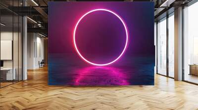 Neon glowing round circle frame on dark background Wall mural