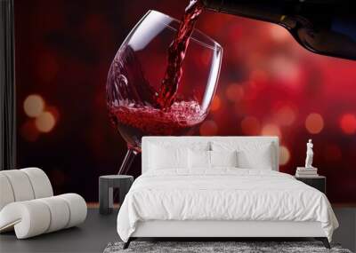 Pouring red wine from a bottle into a glass on blurred background. Winery concept Wall mural