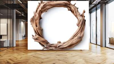 Round wreath wooden frame from driftwood isolated on white background. Boho rustic style, top view Wall mural