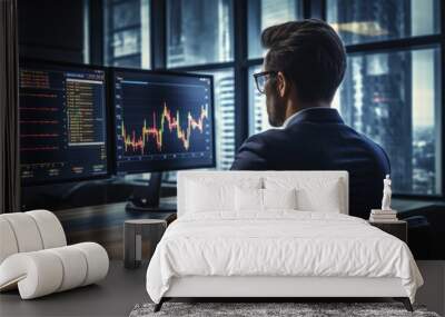 Stock trader business man looking at graph stock market on screen analyzing invest strategy, financial risks Wall mural