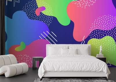 Vector abstract pop art pattern background with lines and dots. Modern liquid splashes of geometric shapes in trendy memphis style Wall mural