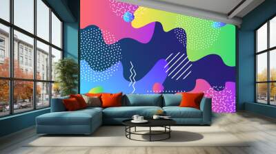 Vector abstract pop art pattern background with lines and dots. Modern liquid splashes of geometric shapes in trendy memphis style Wall mural