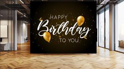 Vector illustration of Happy Birthday handwritten modern brush lettering with golden glitter. Greeting card, invitation, banner, print design isolated on black background Wall mural