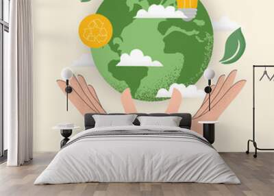 Vector illustration of human hand holding Earth globe, Recycle icon, light bulb, leaves and clouds. Concept of World Environment Day, Save the Earth, sustainability, ecological zero waste lifestyle Wall mural