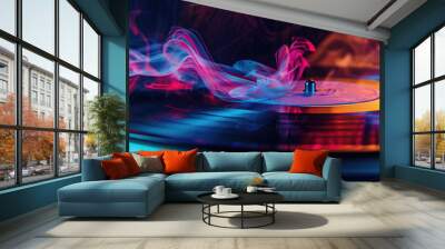 Vinyl record spinning on a turntable background with smoke in neon colours. Music, DJ concept banner Wall mural