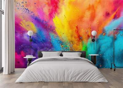 Сolorful rainbow holi paint color powder explosion isolated on white, panorama background with free place for text Wall mural