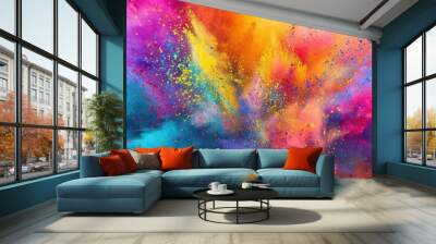 Сolorful rainbow holi paint color powder explosion isolated on white, panorama background with free place for text Wall mural