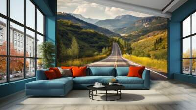 A Black Asphalt Road Leading Into The Mountains During Summer Wall mural