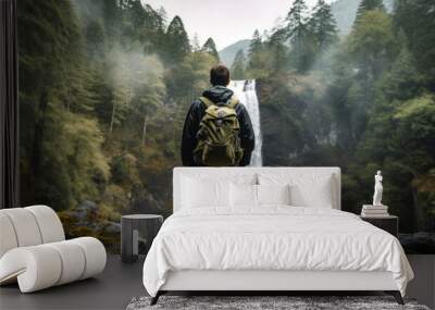 Young Man in Hiking Gear Standing on a Rock Looking Towards a Waterfall in a Conifer Forest Wall mural