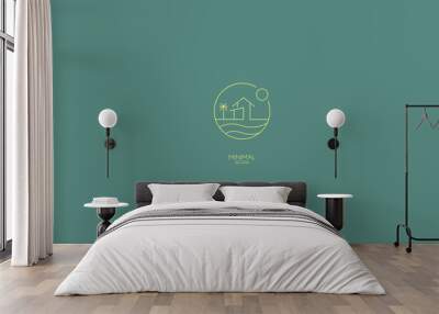 A line art icon logo of a wave with a house, island house Wall mural