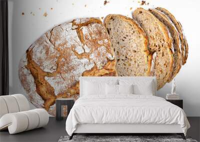 Fresh rye bread or whole grain bread. Isolated object on white background. Healthy baked bread, whole bread on white background. Wall mural