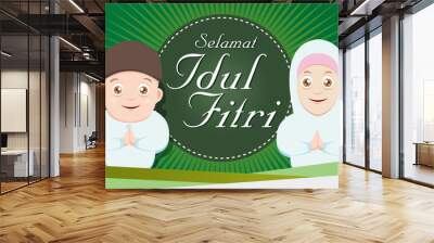  Greeting Card vector illustration of Eid Mubarak ( Blessing for Eid) with cartoon character Wall mural