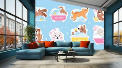 Dog pet grooming stickers. Caring about dogs. Set of vector flat pet washing illustrations Wall mural