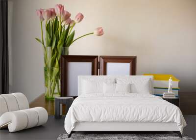 Decorating concept, Modern home decor mock-up with two picture frames and tulips Wall mural