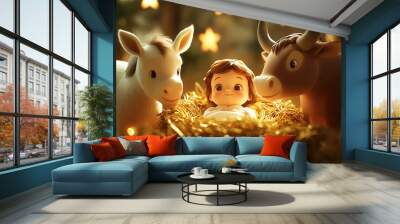 3d cartoon of baby Jesus lying in a cradle made of hay next to the mule and the ox in a manger. Wall mural