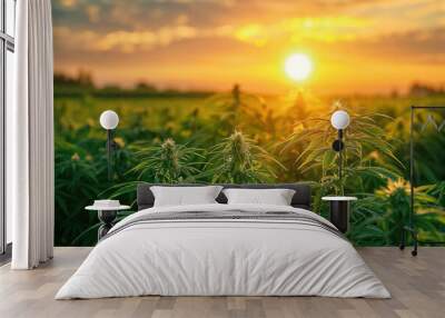 A field of marijuana plants is in full bloom, with the sun shining brightly in the background. Wall mural