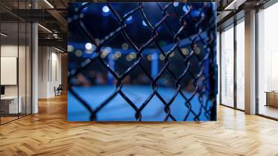 Close-up of a metal fence with a crowd of people watching a mixed martial arts fight Wall mural