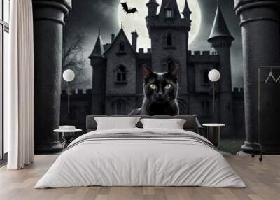 A black cat near a haunted castle at nighttime Wall mural