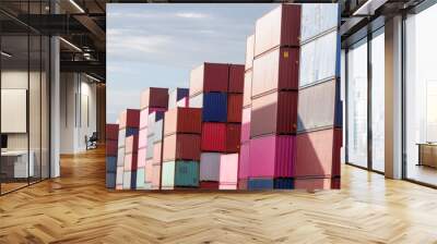 Freight, transportation, transportation, transportation, delivery and distribution. commercial business ideas Group of 40-foot heavy-duty colored metal containers stacked in the wharf. Wall mural