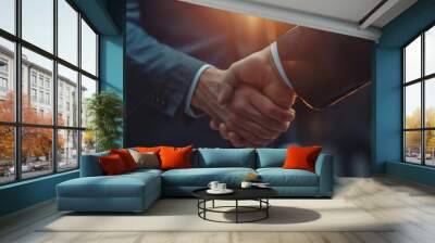 Close up of two business people shaking hands, symbolizing collaboration and success in the corporate world Wall mural