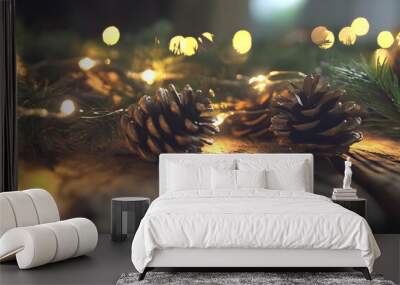 Holiday image background - A cozy winter scene featuring pinecones and warm lights on a rustic wooden surface. Wall mural