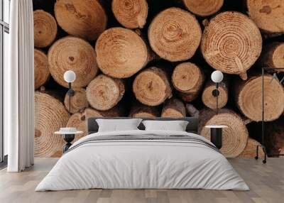 Wood logs storage. Wood background. Wall mural