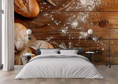 Bread, fresh white wheat, bakery background, top view Wall mural