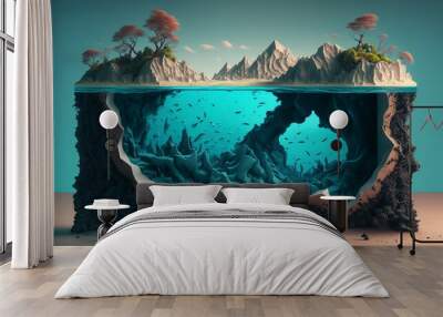 Illustration with cut of sea and beautiful island Wall mural