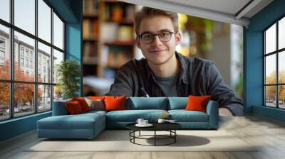 Portrait of a young smiling man with glasses working Wall mural