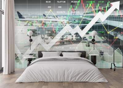 Business marketing data with arrow up show profit and success in travel business investment and air cargo logistic transportation on index and graph of stock market data background. Wall mural