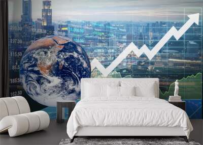 Globolization and International investment show Economics growth index with graph, chart, candlesticks and symbol of arrow up on urban buildings image for business background. Wall mural