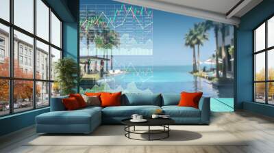 Stock index growth shown by graph and chart in resort hotel travel business background. Wall mural