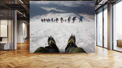 A group of alpinists in the snowy storm. Elbrus mountain, Russia Wall mural