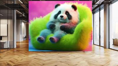 A cheerful fluffy panda is resting in a green plush chair on a pink neon background Wall mural