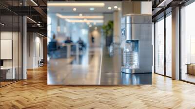 A close-up view of modern, sleek water dispenser in office setting. The contemporary design, clean lines emphasize importance of hydration, convenience in professional environment Wall mural