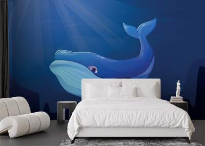 A huge sea blue whale on a background in the depths of the ocean. Vector isolated cartoon illustration of an aquatic animal. Wall mural