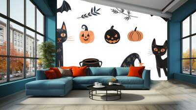 A large set of drawn elements for Halloween in the style of children's illustration. Elements for creating holiday decorations, cards, packaging, menus and invitations, children's parties. Wall mural