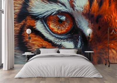 A striking close-up of a red tiger's eyes, capturing the intensity and focus of the animal. The detailed fur and vivid colors highlight the tiger's fierce, powerful gaze in stunning detail Wall mural