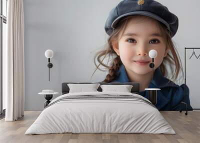 A young girl dressed in an air hostess uniform with a hat, smiling in a bright indoor setting, representing aspirations and imaginative role play, banner with copy space Wall mural