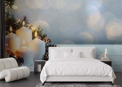 Advent white candles with decor in shiny lights Wall mural