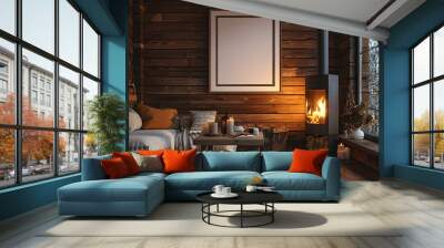 An elegant log cabin living room at dusk with warm fireplace lighting and an empty white mockup frame on a textured wooden wall Wall mural