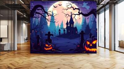 Halloween party invitation. Yellow ominous moon on the background of a castle and pumpkin. Vertical banner, Halloween poster, illustration with space for text. Suitable for postcard, advertising Wall mural